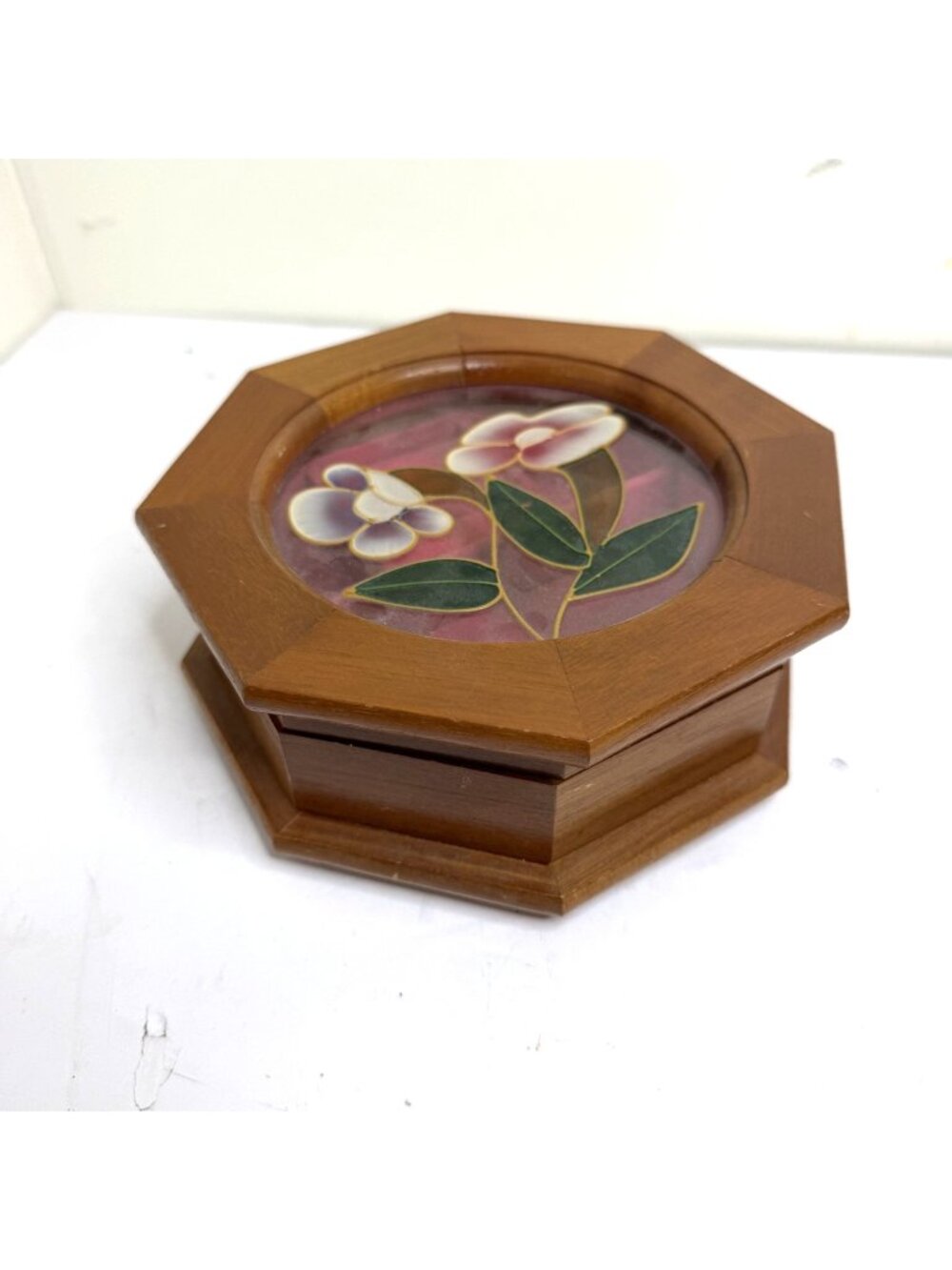 Vintage Mele Octagonal Wood w/ Pink Stained Glass Floral Lid Wooden Jewelry Box